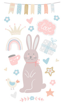 Cute Easter bunny with pastel clouds and rainbow around. Pink rabbit with flags and spring elements for baby girl illustration 