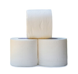 three rolls of white tissue paper or napkin in stack prepared for use in toilet or restroom isolated with clipping path and shadow in png file format