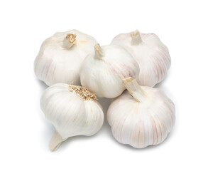 Obraz na płótnie Canvas Top view of four fresh white garlic bulbs in stack isolated with clipping path and shadow in png file format, Thai herb is great for healing several severe diseases, heart attack