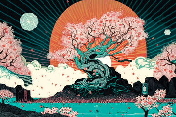 Obraz na płótnie Canvas fantasy sakura bonsai tree with cherry blossom on a rock formation during sunset colorful Japanese comic cartoon UKIYO-E woodblock print isolated in a circle, white background (generative ai) wallpap