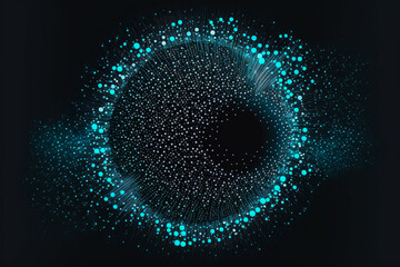 Abstract blue circle shaped object with particles, technology and science concept in a dark background. Internet web technology, neural network memory. Copy space in center, Made with Generative AI