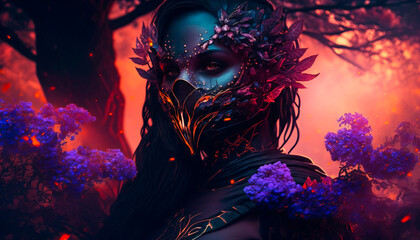 Beautiful witch woman wearing flowers mask on dark forest background. Generative AI