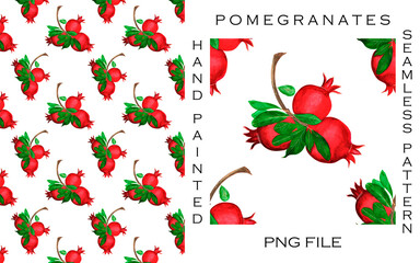 Hand-painted seamless pattern of red pomegranates on a branch with green leaves on purple. Suitable for fabrics, prints, postcards, invitations, mobile apps, banners design, internet ads and more.