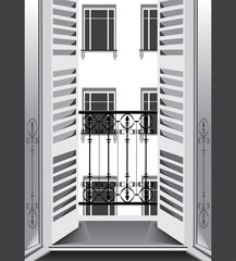vector illustration with a small classic balcony with the open doors looking at the street and a building with windows in front of it.