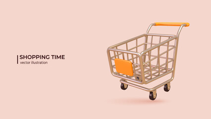 3D Shopping Online Concept. Realistic 3d design of Shopping Trolley in cartoon minimal style. Vector illustration - 573186165