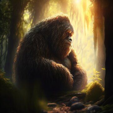 A Rare Glimpse of a Sad Big Foot Sasquatch in a Warm Sunny Forest in Summer