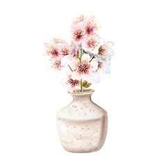 Watercolor blooming branches of pink spring flowers in beige vase. Floral composition with almond, cherry, plum flowers