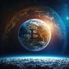Bitcoin in space against the backdrop of the planet Earth