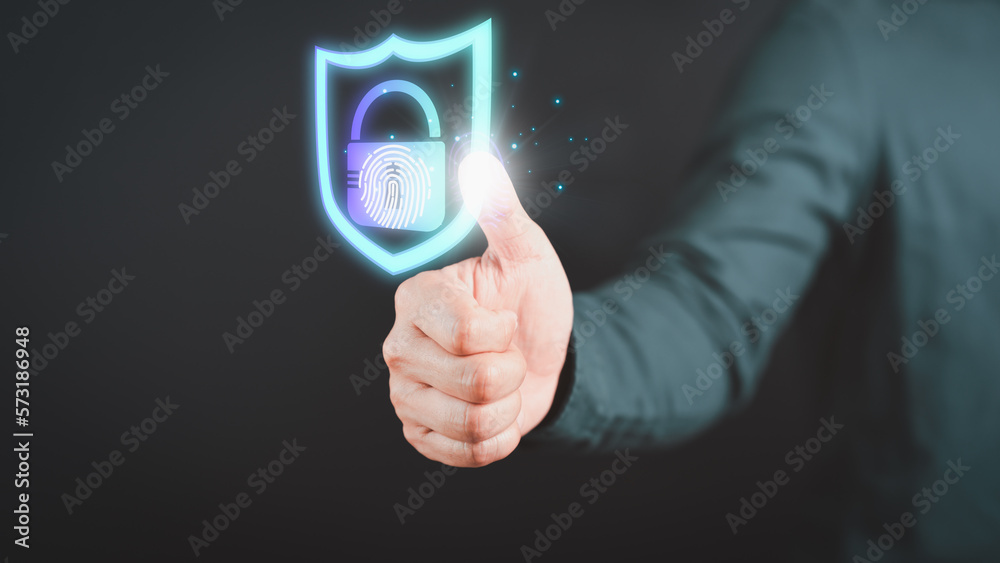 Poster Man login with fingerprint scanning technology. Security concepts and fingerprint password control in the technology of the future.
