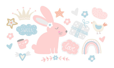 Obraz na płótnie Canvas Cute Easter bunny with pastel clouds and rainbow around. Pink rabbit and spring elements for baby girl illustration