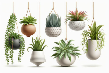 Collection of beautiful plants hanging in ceramic pots isolated on white