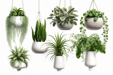 Collection of beautiful plants hanging in ceramic pots isolated on white