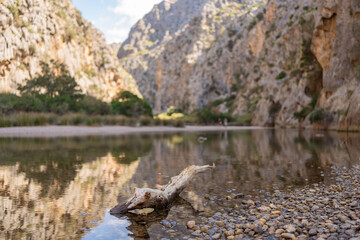 Beautiful rocky mountains in the gorge and bay of Sa Calobra, Spain. Travel to Majorca island.