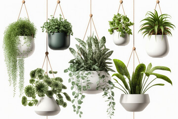 Collection of beautiful plants hanging in ceramic pots isolated on white