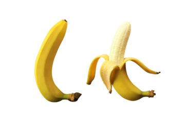 Two ripe banana fruits with peel isolated on transparent background
