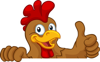 A chicken rooster cockerel bird cartoon character peeking over a sign and giving a thumbs up