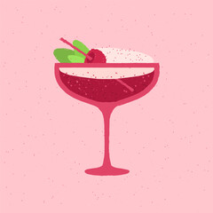 Margarita with mint and raspberry for event. Flat vector illustration with texture