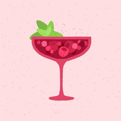 Margarita drink with mint and berries. Flat vector illustration with texture