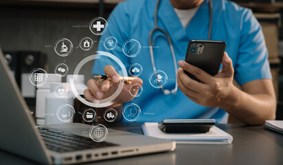 Doctor hold smartphone, conduct financial transactions with calculate expenses - income and data documents, put on the desk in the morning.