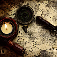 Fototapeta na wymiar Compass, Spyglass and Candle Sitting on a Map