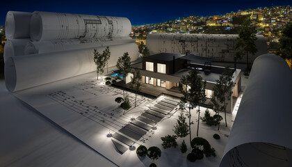 Naklejka na ściany i meble Entwurf eines Einfamilienhauses mit Dachterrasse und Swimmingpool bei Abendbeleuchtung (Stadtpanorama im Hintergrund) - 3D Visualisierung