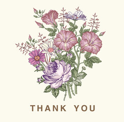 Thank You love. Wedding marriage invitation bouquet. Beautiful blooming flowers Vintage greeting card Frame Drawing engraving Petunia Chamomile Rose isolated floral Wallpaper. Vector Illustration.