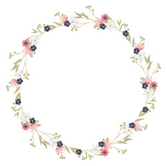 Floral frame and wreath with wildflowers.Rustic style. Romantic decor for weddings and invitations. Pastel shades.
