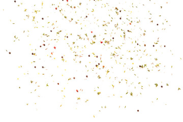 Scattered spices on a white background. Background from spices and condiments. Spice kitchen screensaver.