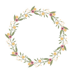 Naklejka premium Delicate wreath frame of wild flowers in rustic style. Spring decor for wedding cards and invitations.