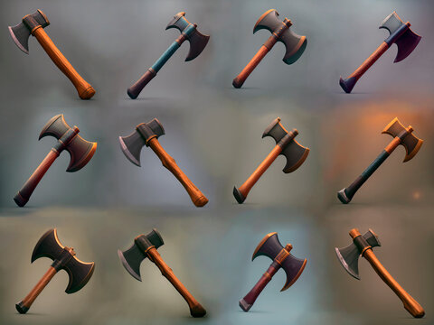 Fantasy PRG battle axe illustration, icon design.  Icons set