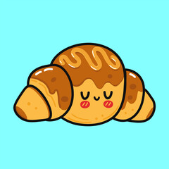 Cute Croissant. Vector hand drawn cartoon kawaii character illustration icon. Isolated on background. Croissant character concept