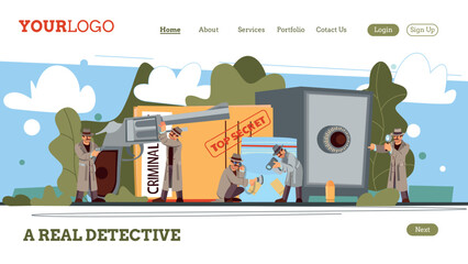 Spy investigator landing. Police characters. Surveillance people. Persons find evidences. Crime investigation cover. Secret document. Espionage concept. Vector website banner design