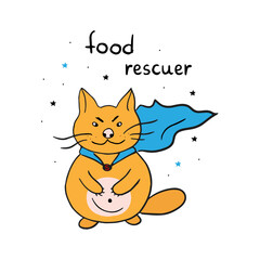 A funny ginger fat cat in a hero's cloak. Product savior. Isolated vector image.