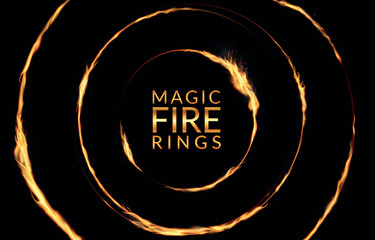 Fire rings. Hell concentric circle borders. Burn circular frame. Spark flame disks. Ignite hot dark banner design. Magic bonfire lights. Vector realistic neoteric background template
