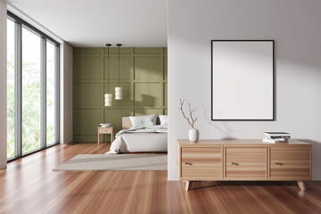 Fototapeta na wymiar Modern bedroom interior with bed and sideboard with decor. Mockup frame