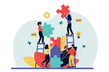 Fototapeta na wymiar Business teamwork, tiny people building huge puzzles. Partnership and cooperation, people work in team together, office challenge, achieving goal. Men and women vector illustration tidy concept