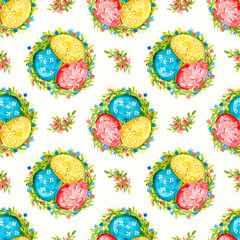 Multi-colored eggs in a flower basket. Red yellow blue eggs, cute flowers, twigs. Seamless pattern, watercolor work.