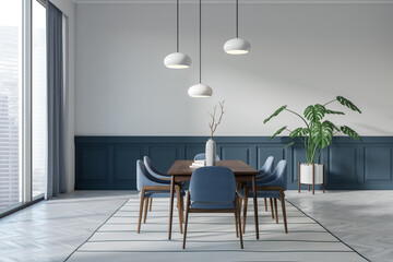 Modern eating room interior with dinner table and seats, panoramic window