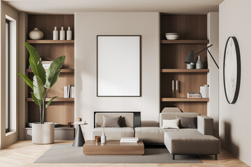 Fototapeta na wymiar Light chill interior with couch and shelf with decoration. Mockup frame