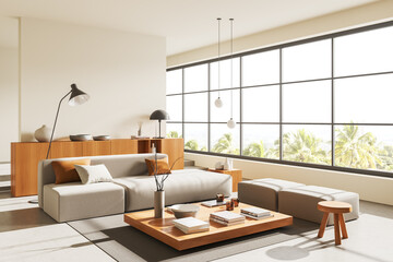 Light relax interior with couch and art decoration, panoramic window