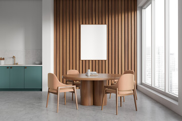 Modern kitchen interior with dinner table and panoramic window. Mockup frame