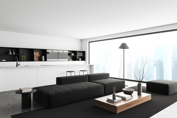 Light studio interior with chill and cooking corner, panoramic window