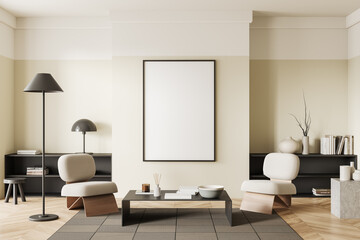 Cozy relaxing room interior with armchairs and decoration, mockup frame