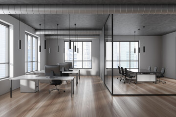 Fototapeta na wymiar Business interior with meeting room and workspace near panoramic window