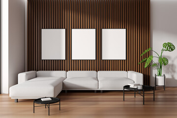 Light relaxing room interior with couch and coffee table, mockup posters