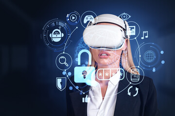 Businesswoman in vr glasses, earth globe with cybersecurity holo