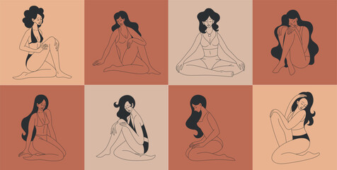 Beauty body positive woman, girls in underwear. Simple bikini or lingerie linear feminine logo, female in fashion bra. Hand drawn characters in different poses. Vector tidy illustration emblem