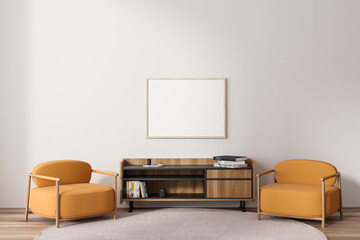 Light living room interior with armchairs and drawer with decor, mockup frame
