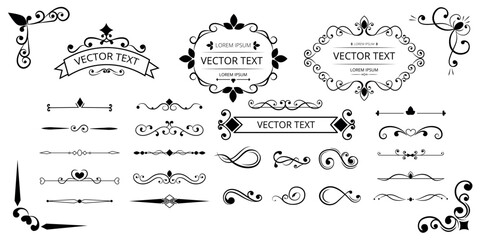 Victorian flourish scroll, wedding frames. Vintage text decorations, ornamental curved swirls. Elegant vignette, arrow underlines, line ornamental vector recent calligraphic illustration