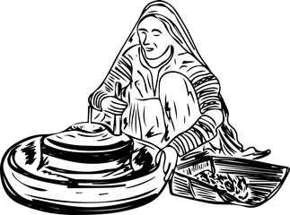 line art vector illustration silhouette of Indian woman grinding flour in grinding stone at her house,silhouette of stone hand mill grinding wheat grains rural village